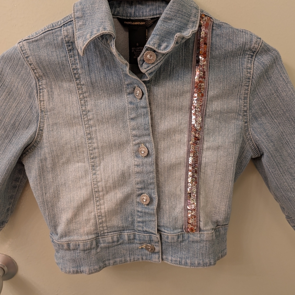 ROCAWEAR AUTHENTIC Cropped Denim Jean Jacket Size Small LOGO Pink Sequin